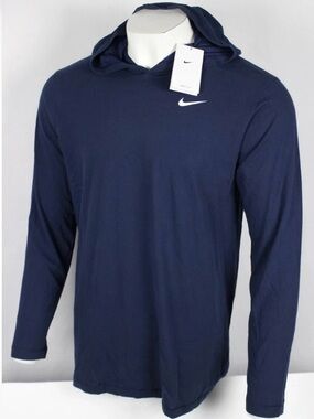 Nike Navy Hooded Long-Sleeve Performance Top with White Swoosh, NWT